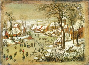 Winterlandschap met figuren op een Bevroren Rivier
